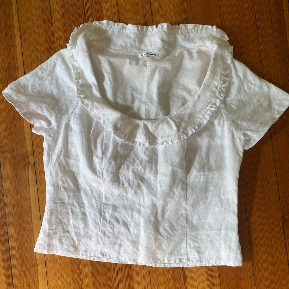 Reformation White linen Ruffled Scoop Neck Top